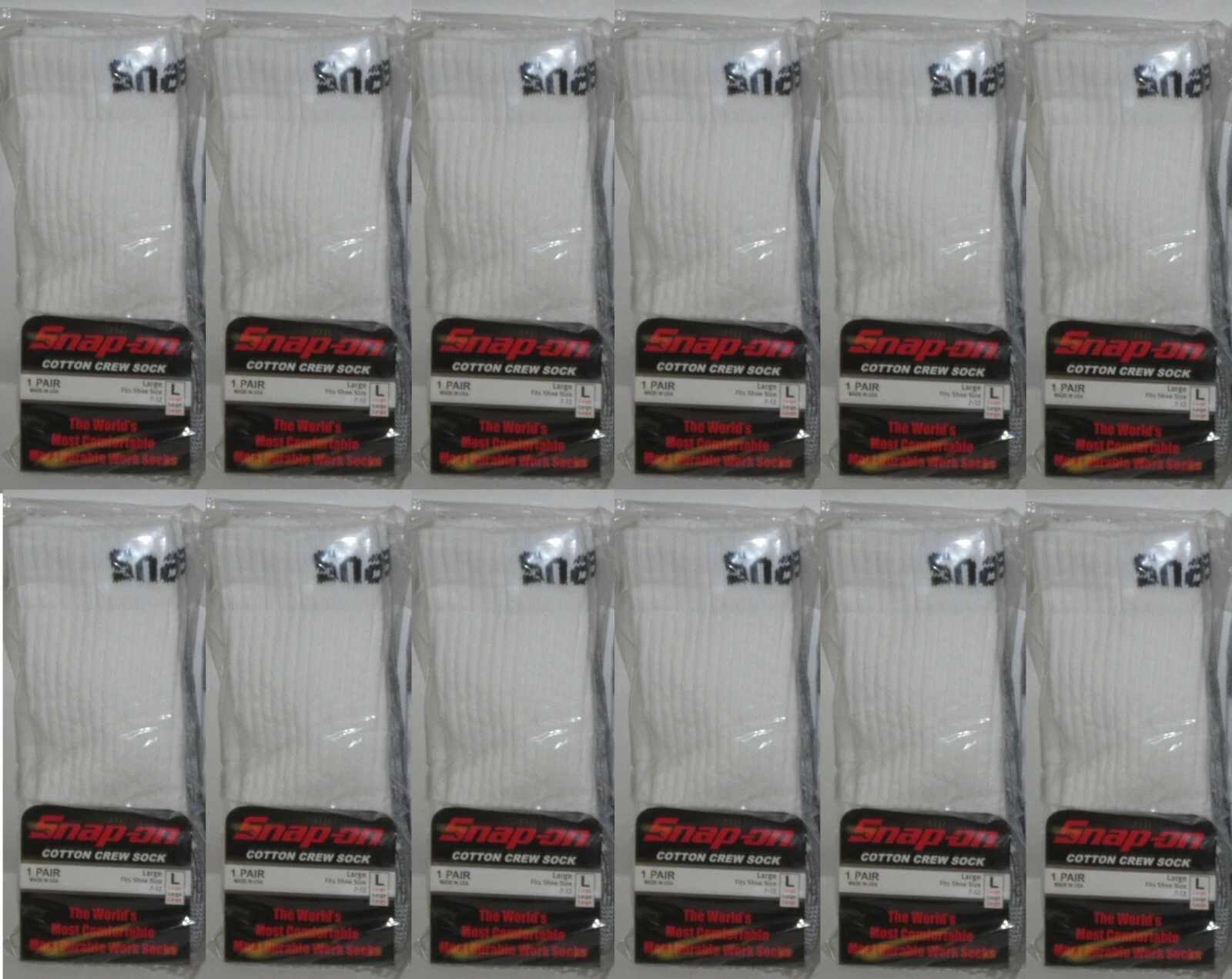 12 Snap-On Crew Socks Men's WHITE LARGE ~ FREE SHIP ~ MADE IN USA 12 PAIRS *NEW*