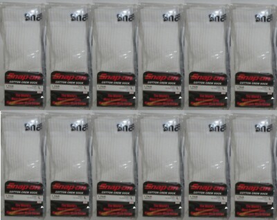 12 Snap-On Crew Socks Men's WHITE LARGE ~ FREE SHIP ~ MADE IN USA 12 PAIRS *NEW*