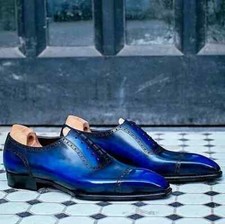 Handcrafted New Men's Blue Color Leather Oxford Cap-Toe Lace Up Dress Shoes Men