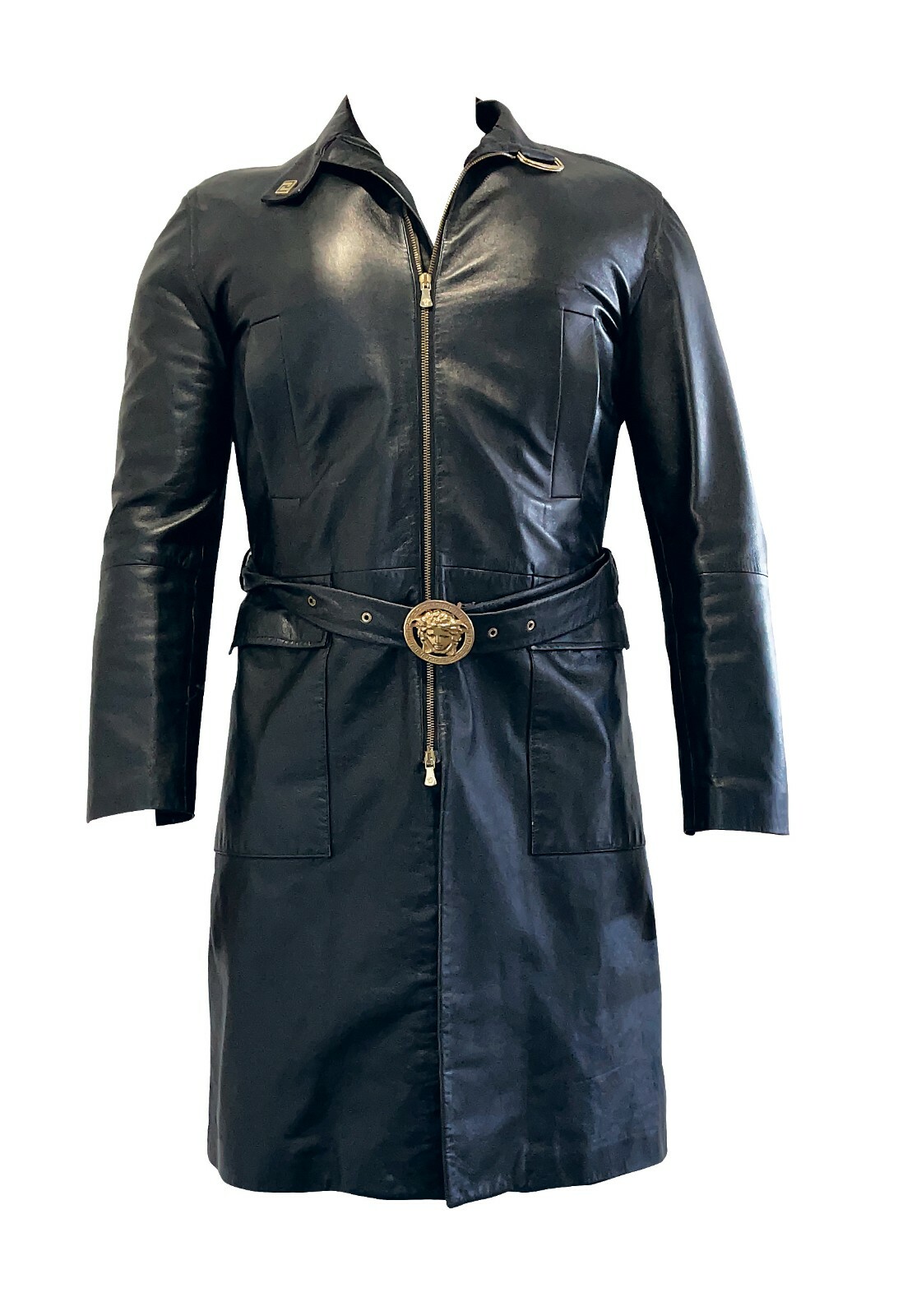Versace Jeans Couture Black Mens Trench Coat. Rare. 24ct Gold Medusa