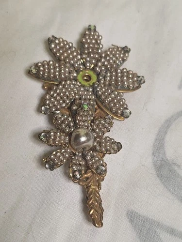 Miriam Haskell Signed Faux baroque Pearl Gold Tone Rhinestone Brooch Broken