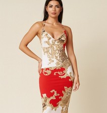 G by Guess Red, White, + Gold Baroque Mini Dress Size XS