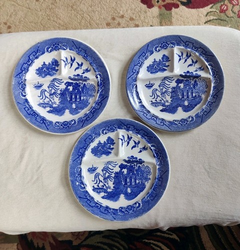VTG Blue Willow Divided Grill Plate 10.25" Set of 3 Japan Ironstone 3 Sections