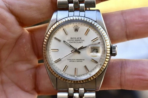 Rolex Datejust 1601 Silver Dial White Gold Fluted Bezel Vintage