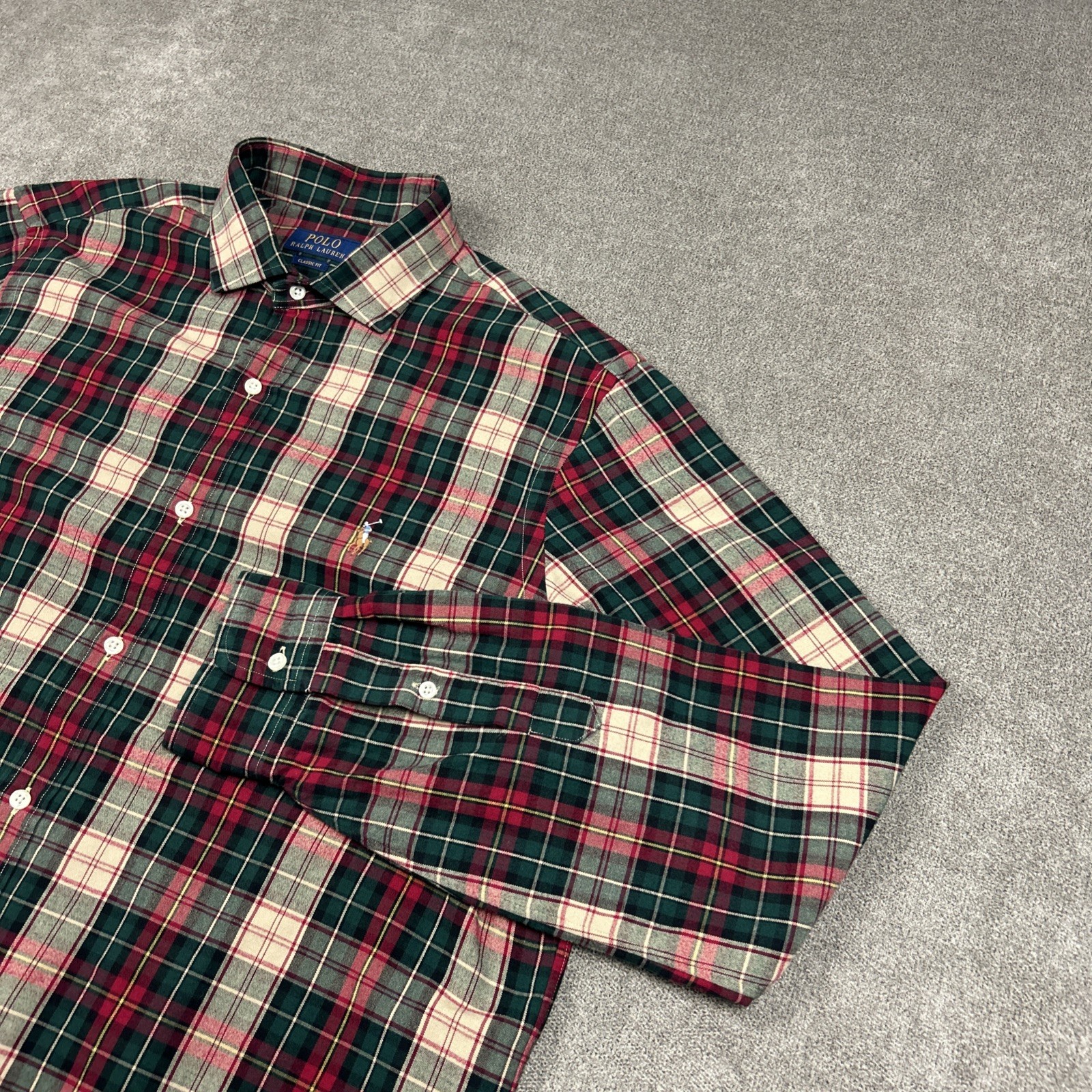 Polo Ralph Lauren camicia uomo XL classica a quadri Oxford verde rosso carne pony lunga S