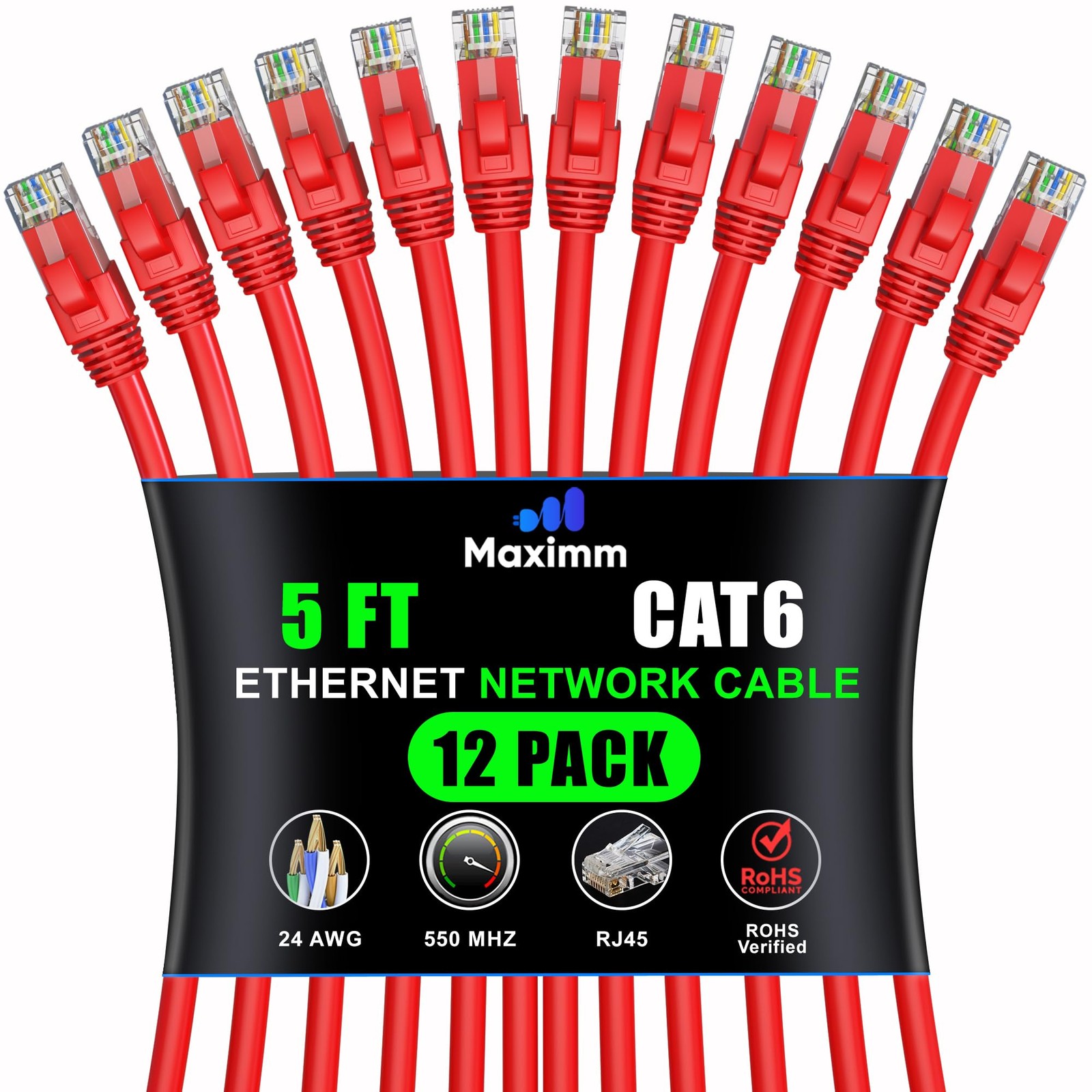 5ft Cat6 Ethernet Cable 12-Pack Red 550MHz High-Speed LAN Network-image