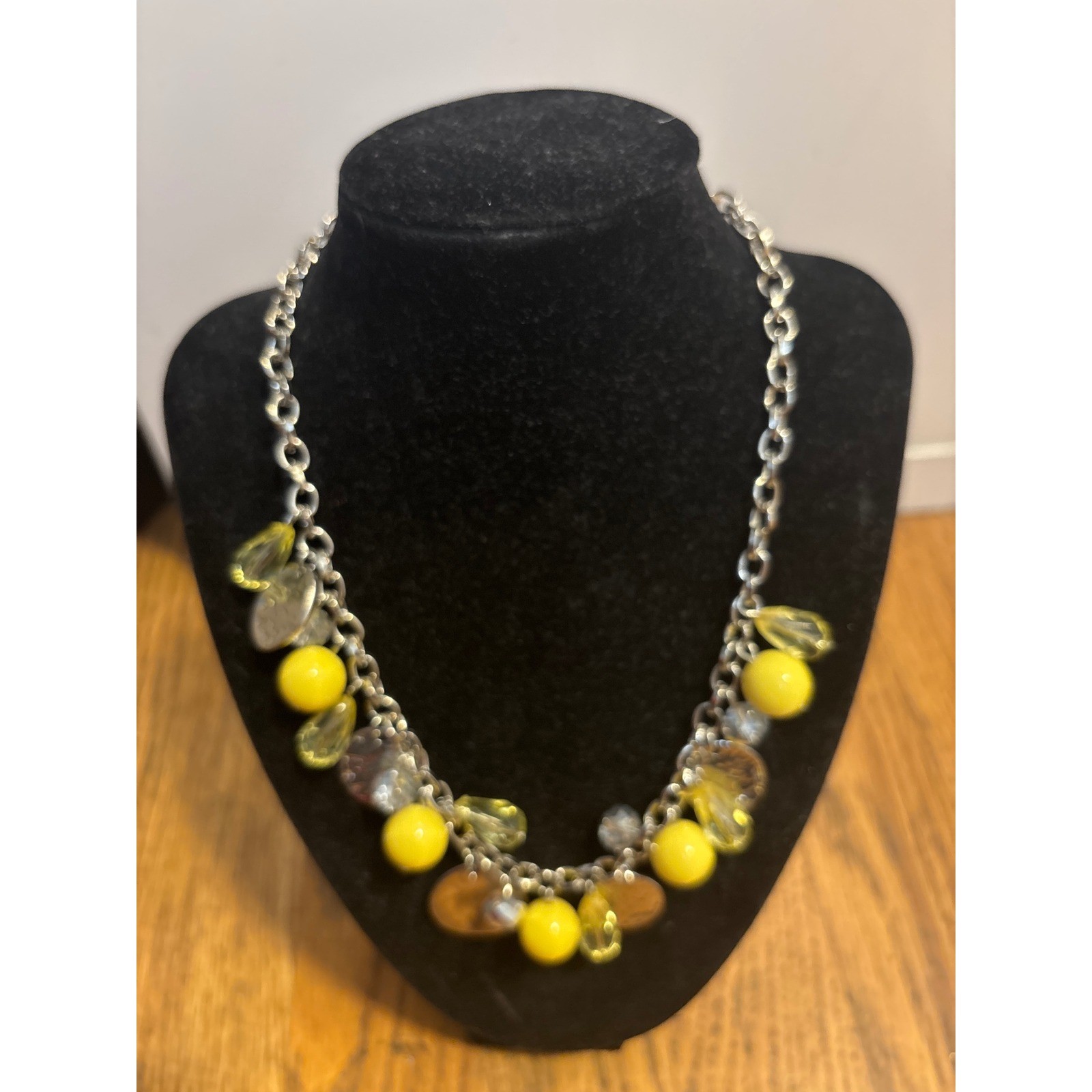 Yellow Beaded Statement Necklace Silver Tone Chun… - image 1