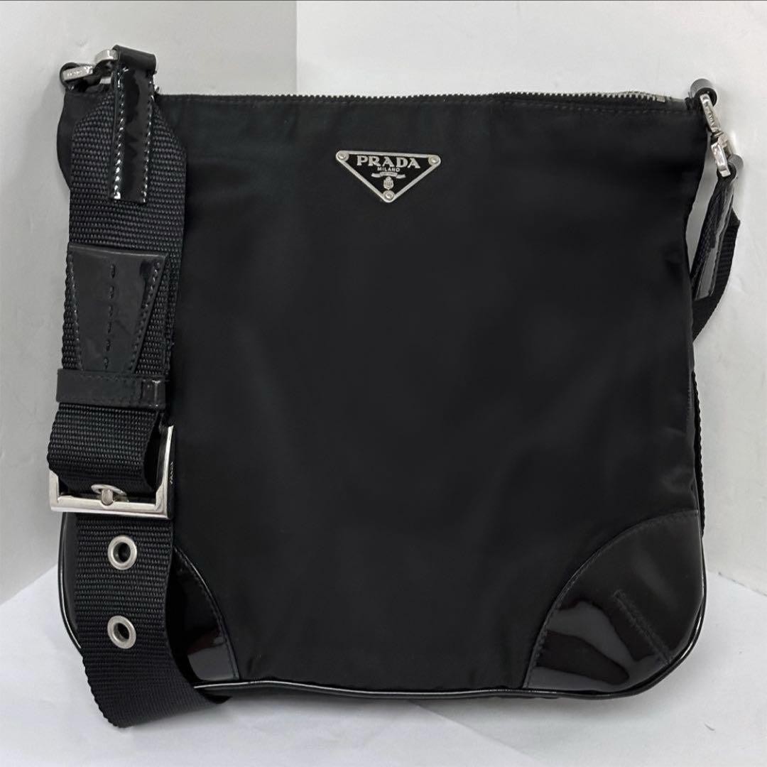 Prada Silver Nylon Shoulder Bag with Triangle Logo Black White Tag Japan