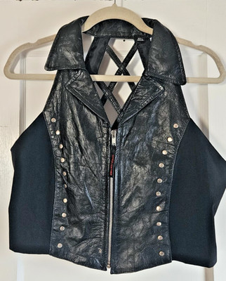 Vintage VANCE leathers usa studded biker vest lattice back collared woman XL