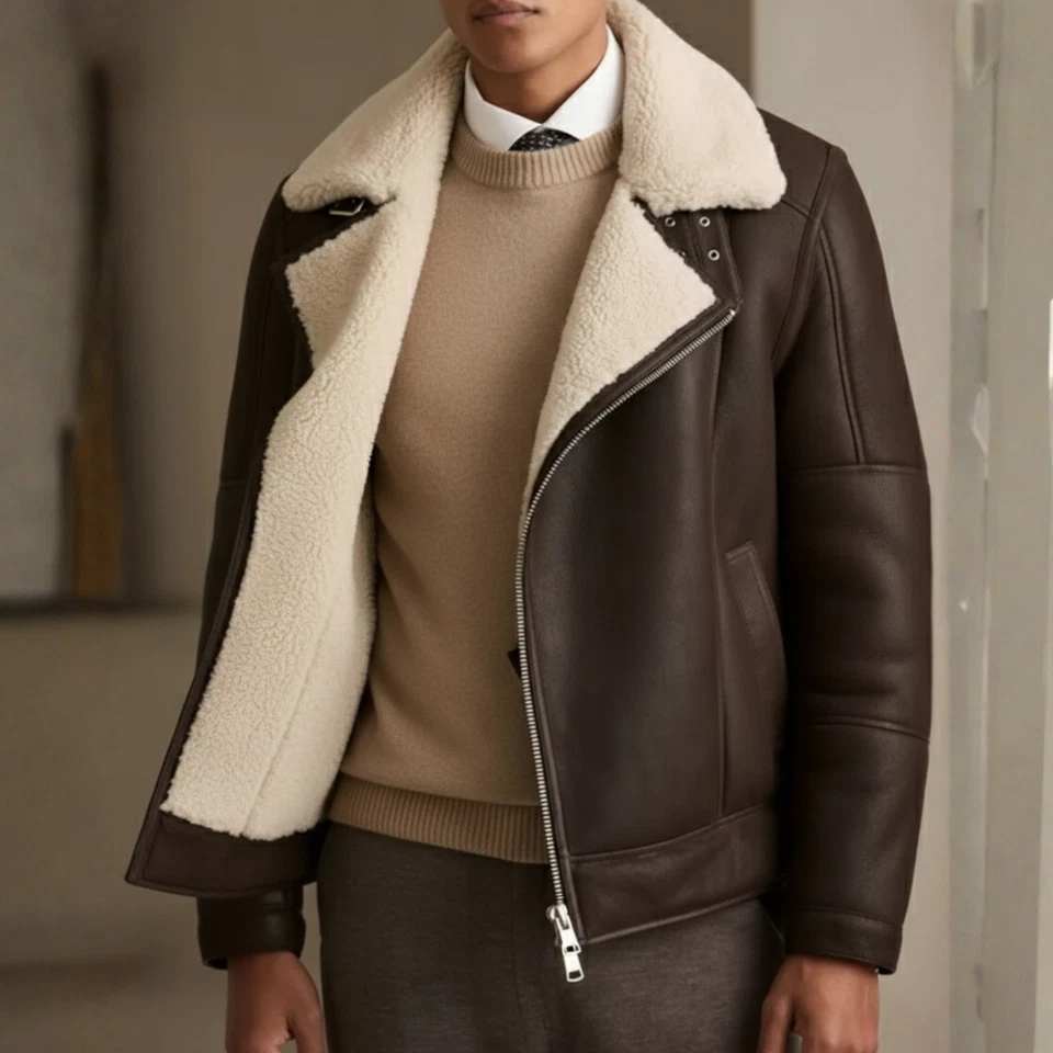 Men's Shearling Aviator Jacket, Brown Leather B3 Bomber, Winter Pilot Coat - Image 3 of 4
