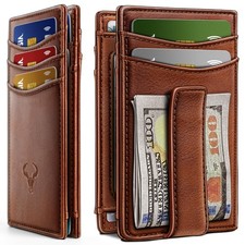 Magnetic Slim Wallet - Genuine Leather RFID Blocking, Holds 12 Cards, Money Clip