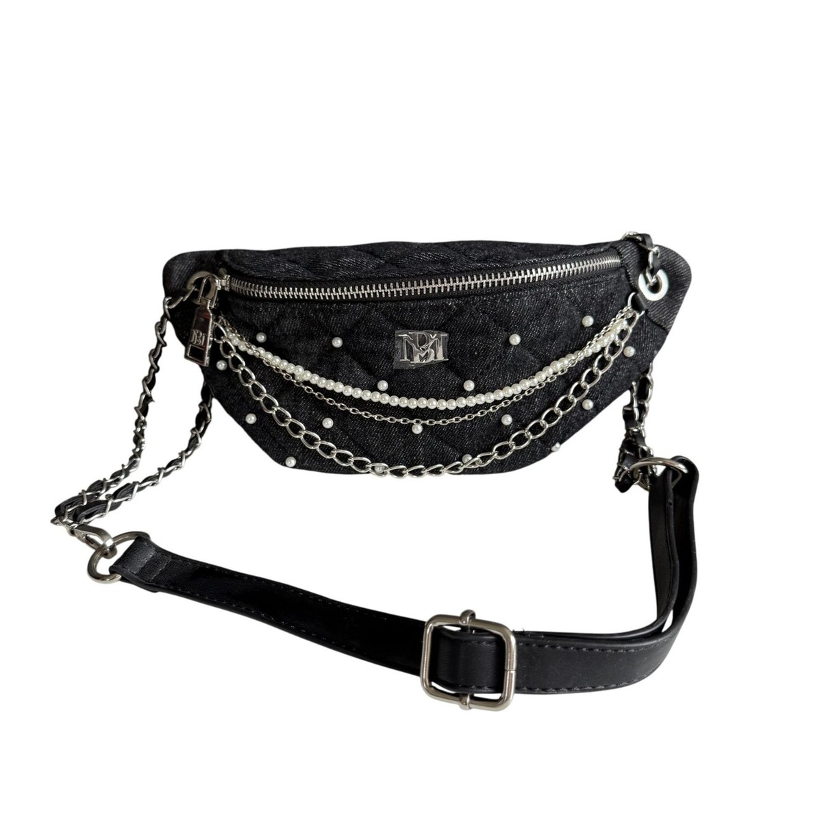 Badgley Mischka Women's Belt Bag Black Denim Quilted Fanny Pack