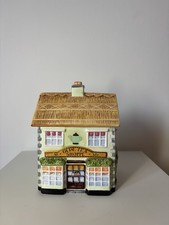 Vintage Cottage Biscuit Barrel Cookie Jar Olde Tea Shop Ceramic Storage Pot
