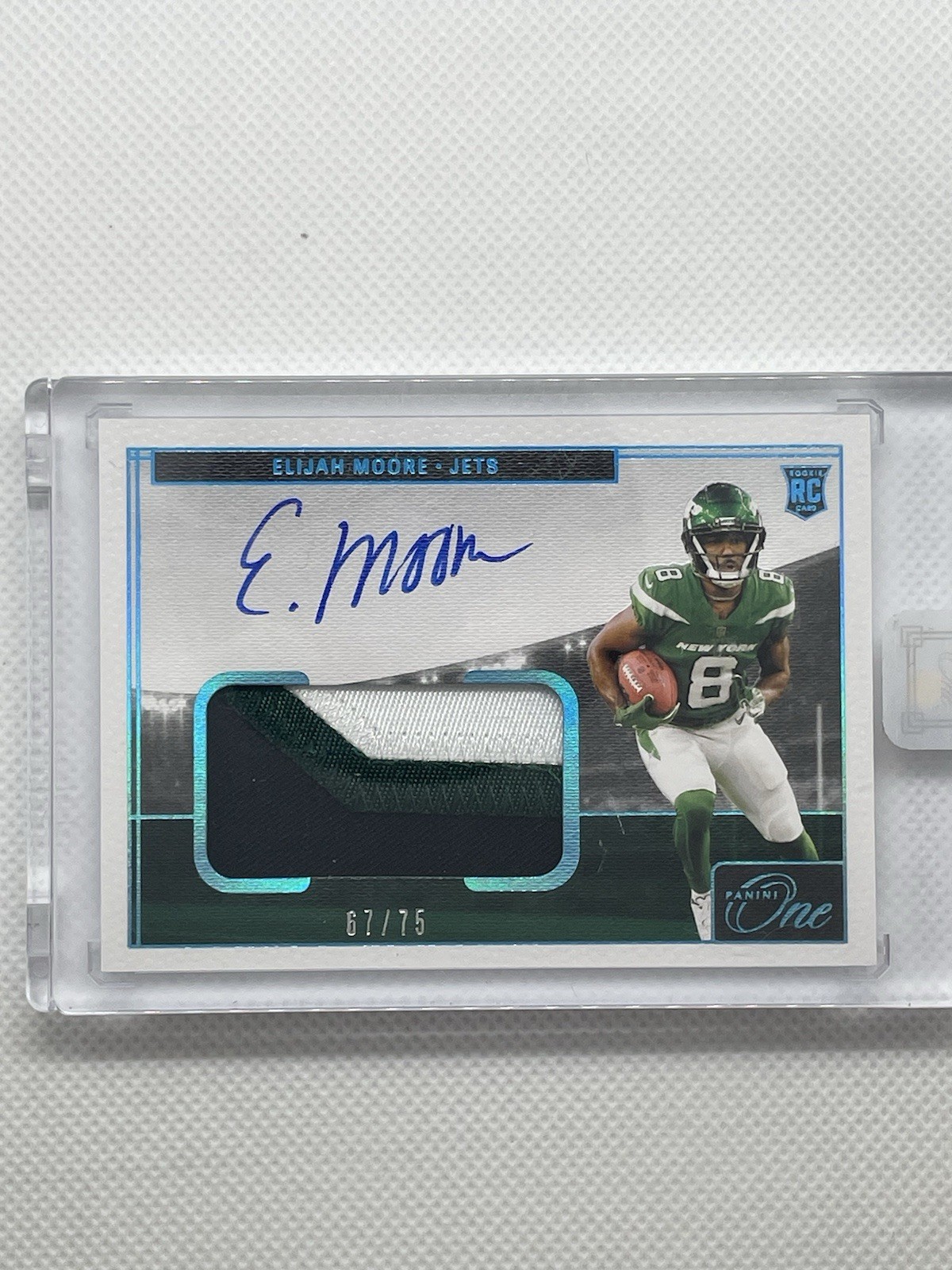 Panini 2021 One Elijah Moore Rookie Patch Auto Blue #16 /75 New York Jets
