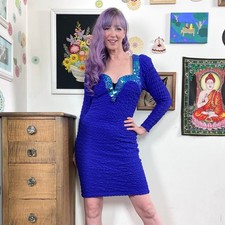 Vintage Blue Popcorn Stretch Bodycon Dress, 1980s Sequin Cocktail Party Mini, M