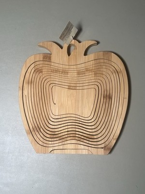 apple-shaped collapsible bamboo fruit bowl that folds into a flat trivet.
