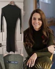 Mango 'Flurry' Ribbed Knitted Midi Dress in Khaki ASO Kate Royal - Small