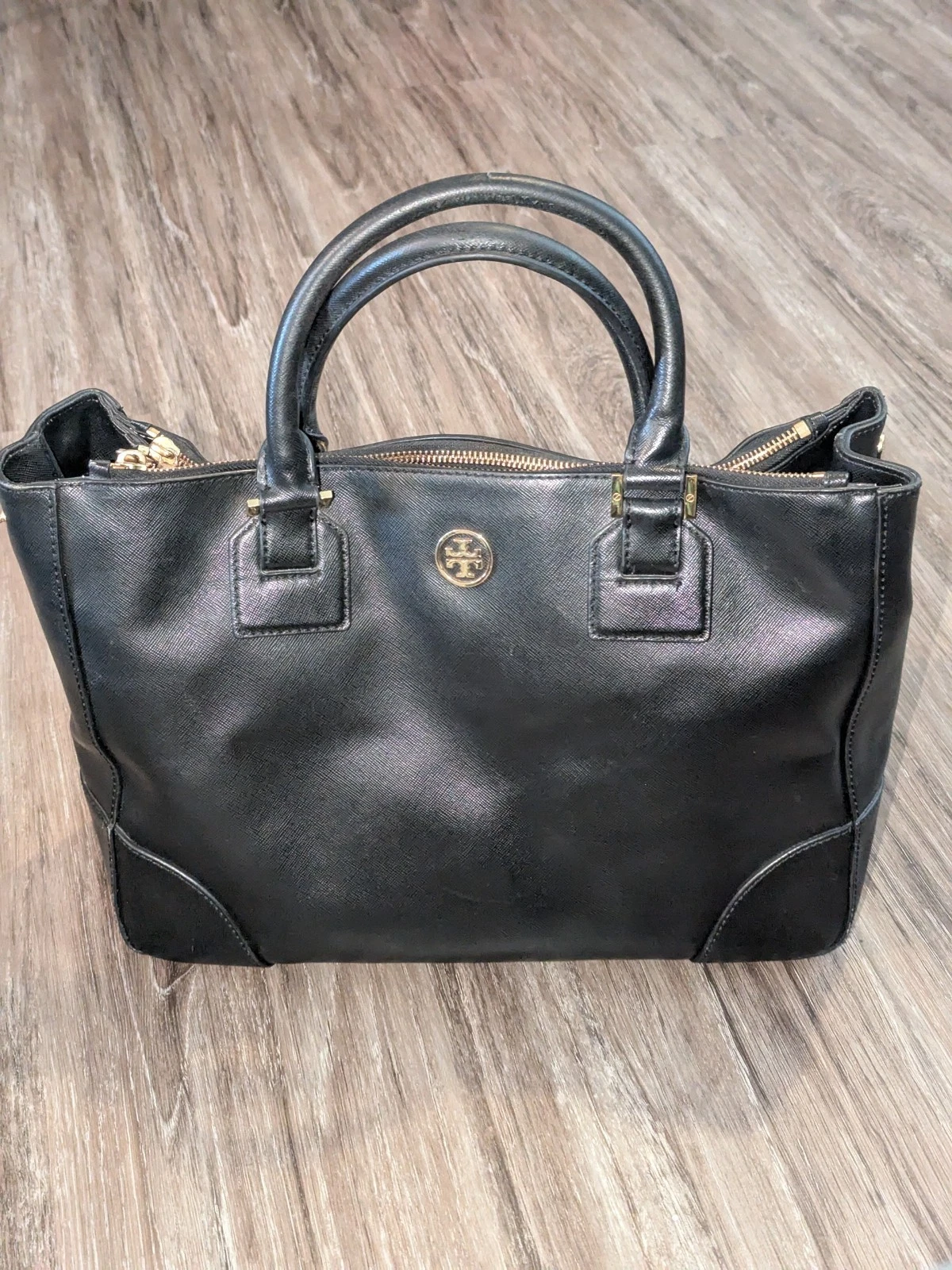 Borsa Tory Burch Robinson doppia zip tote bag nera pelle saffiano bordo oro