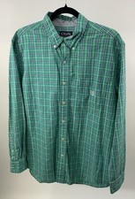 Chaps Button Down Shirt L Long Sleeves Plaid Green Blue Easy Care Casual Dress