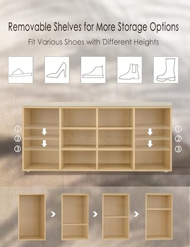Shoe Storage Bench with Cushion, 12-Cubby Shoe Rack, Adjustable Shelves, - Picture 4 of 7