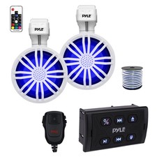 Pyle Marine Controller, 2x 3.5 Bluetooth LED White Speakers w/ Remote, Wire
