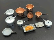 Vintage Dollhouse Copper Saucepan Pan Set And Metal Dining Set Accessory Lot X11