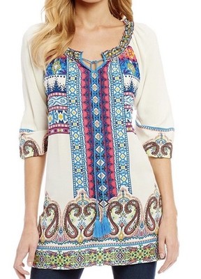 Ali Miles Womens  Large Boho Bohemian Blouse Shirt Top Tunic Festival Art
