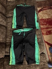 2 SPEEDO ENDURANCE Swimsuit JAMMER Size 32 Polyester SWIM Suit BLACK with GREENS