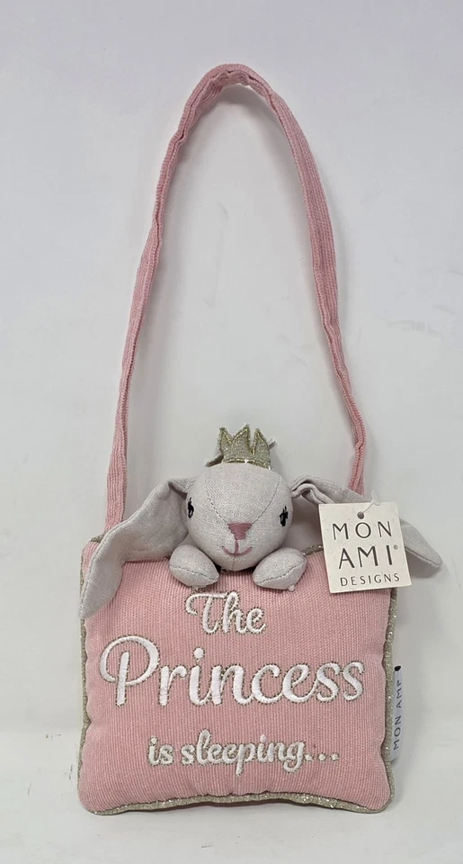 Mon-Ami The Princess Is Sleeping Door Hanger Pink Pillow Plush Bunny With Crown - Image 2 of 4