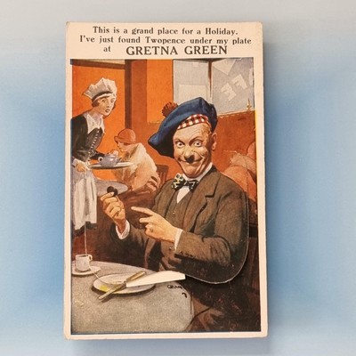 Neuheit Postkarte 1930 schottischer Mann Cafe Kellnerin Tipp Gretna Green Pull Down  