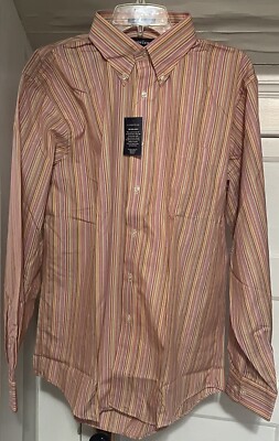 Land s End Men s Pink Striped L/S Button Down Super Fine Dress Shirt 16 34/35