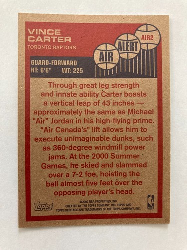 2001-02 Topps Heritage Air Alert #AIR2 Vince Carter Raptors - Foto 2 di 2