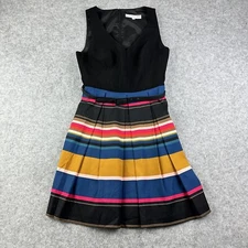 Trina Turk Dress Womens 6 Black Pleated Striped Lined Knee Length Belted Pockets