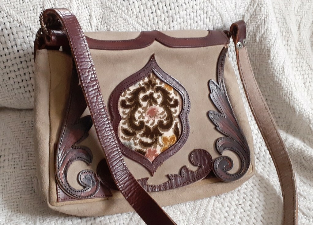 Sac Besace Vintage En Cuir Et Velours - Style Espagnol - Occasion - Couleur Camel