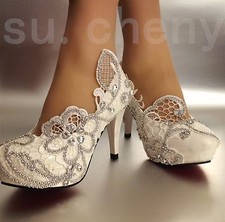 su.cheny 3"4" heel Asymmetry white ivory lace crystal pearl Wedding Bridal shoes