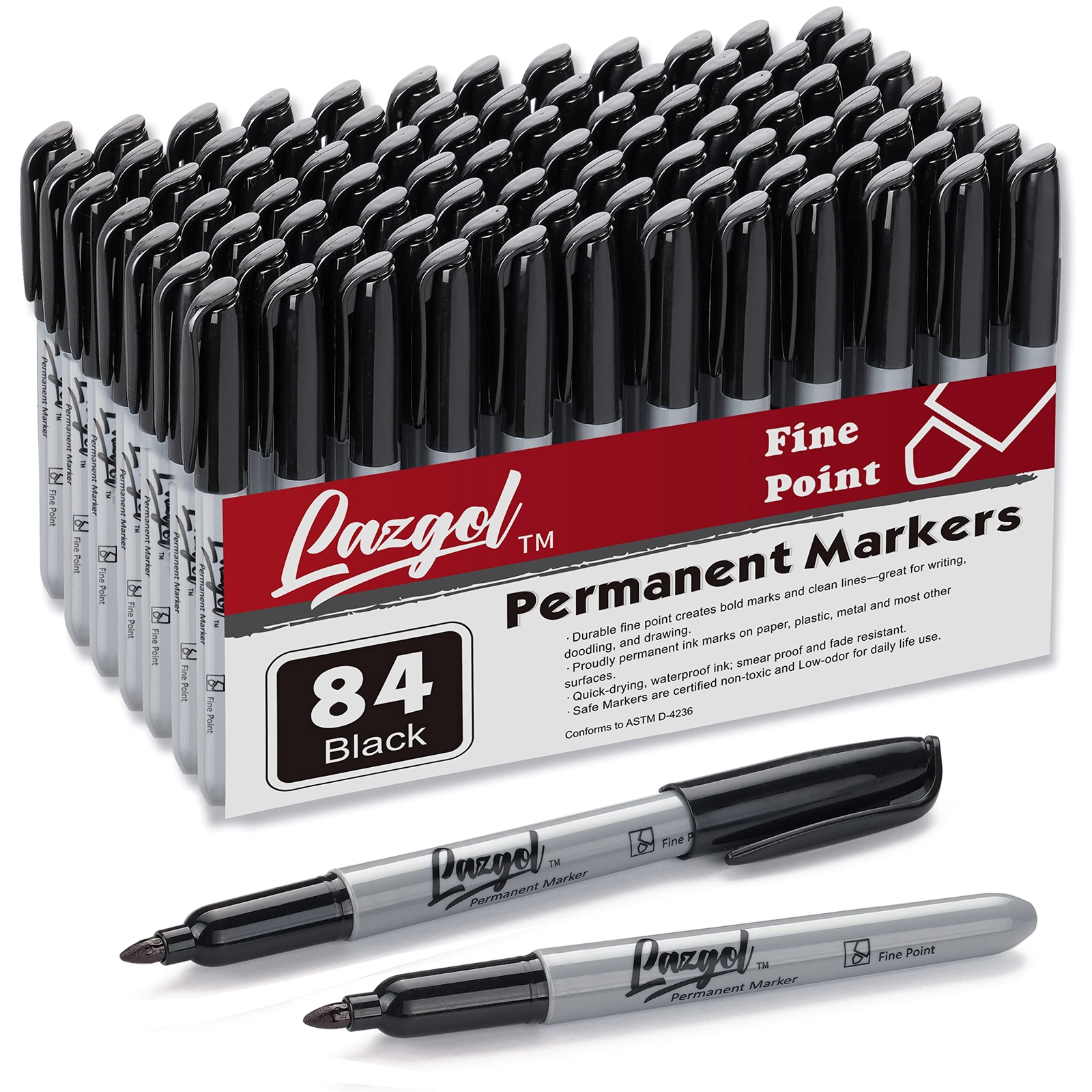LAZGOL Permanent Markers Bulk, 84 Pack Black Permanent Marker Set, Fine Tip, ...