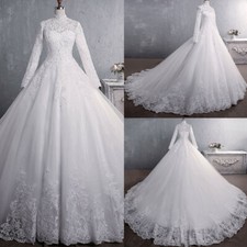 Long Sleeve Lace Appliques Wedding Dresses High Neck Beading Tulle Bridal Gowns