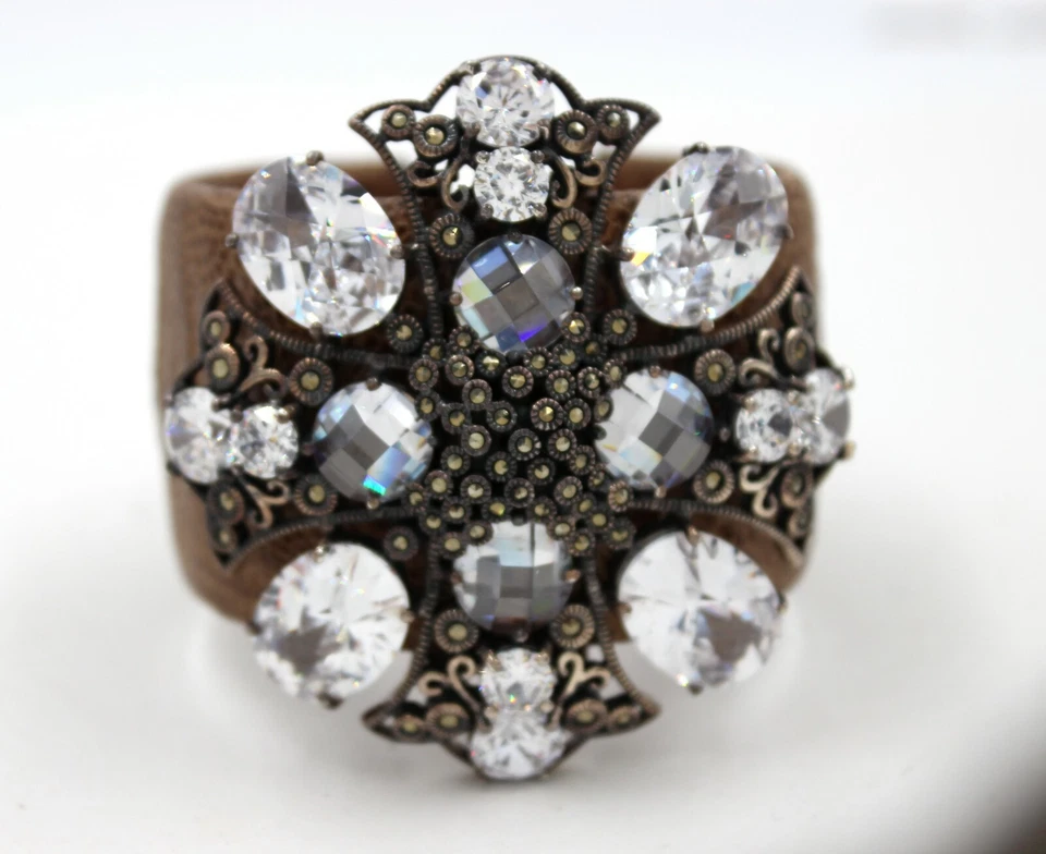 Марказит кубический цирконий CZ чистого коричневой кожи манжеты браслет браслет размер. Med. - Изображение 2 из 4