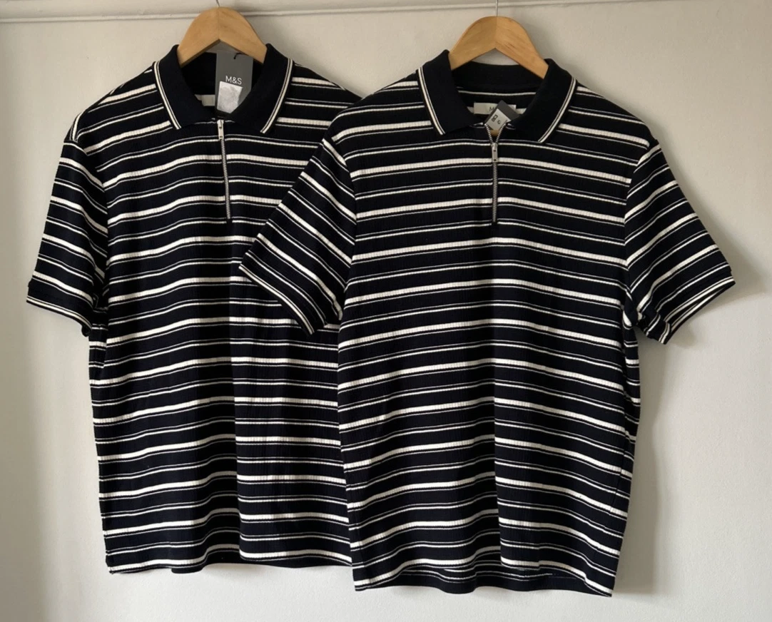 2 x Marks & Spencer Mens Cotton Rich Polo Shirt Navy Mix 1/4 Zip Large 41 - 43"
