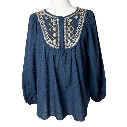 Max Studio Women Peasant Top M Blue Embroidered Swiss Dot Long Sleeve 1/4 Button