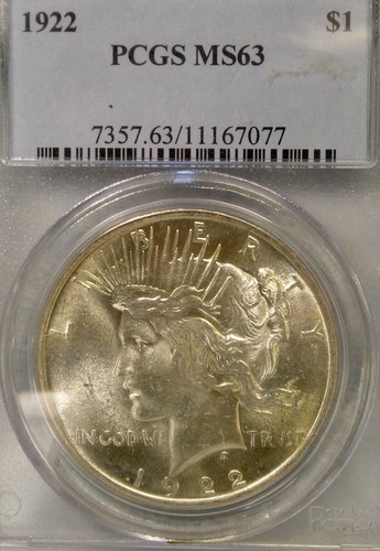 1922 PEACE SILVER DOLLAR VERY BEAUTIFUL LUSTER RUSTED DIE REVERSE *PCGS MS 63* - Picture 2 of 4