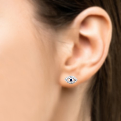 10mm Blue CZ Centered Evil Eye Studs Studs Solid 925 Sterling Silver Push Back - 第 3/6 張圖片
