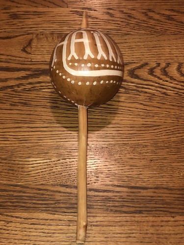 Vintage Haiti Detailed Carved Painted Gourd Shaker Wooden Rattle Rumba Maraca - Picture 2 of 11