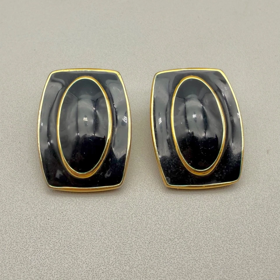 Винтажные серьги-клипсы Monet темно-синие золотистые стильные опрятные прямоугольные запонки - Изображение 3 из 4