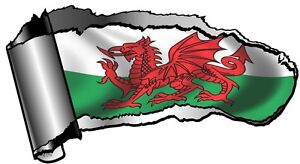 GRAND CLASSIQUE RIPPED TORN METAL RIP & Dragon Gallois Pays De Galles Cymru Drapeau Autocollant Voiture