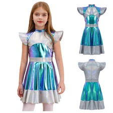 US Kids Girls Alien Cosplay Color Block Metallic School Dress Recital Dress-up