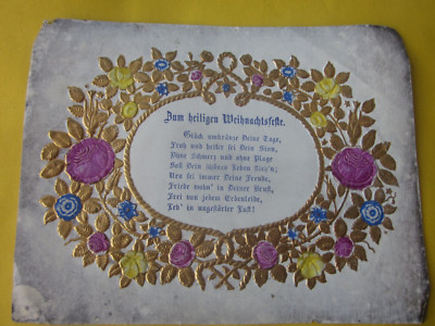42608 Weihnachtsgedicht Oblate Gold geprägt 12x14,5cm 1880 angestaubt