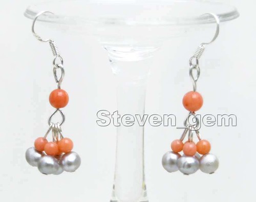 Pendientes de coral colgantes redondos grises de 5-6 mm para mujer con pendientes colgantes rosa - Imagen 2 de 32