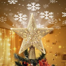 Christmas Star Tree Topper with Built-in Led Snowflake Projector Lights Hollowed