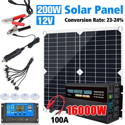 200W Solar Panel Kit Power Generator 110V Grid System 16000W Inverter Set Home
